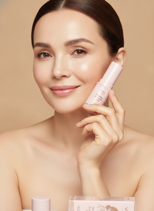 Mujer con piel radiante sosteniendo el stick Vitalis